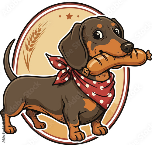 Whimsical cartoon dachshund dog with a sausage in mouth with wiener dog