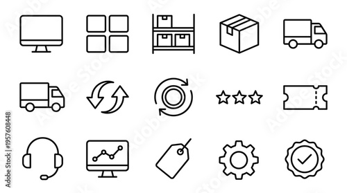 Set of 15 Black Outline E-commerce and Logistics Vector Icons