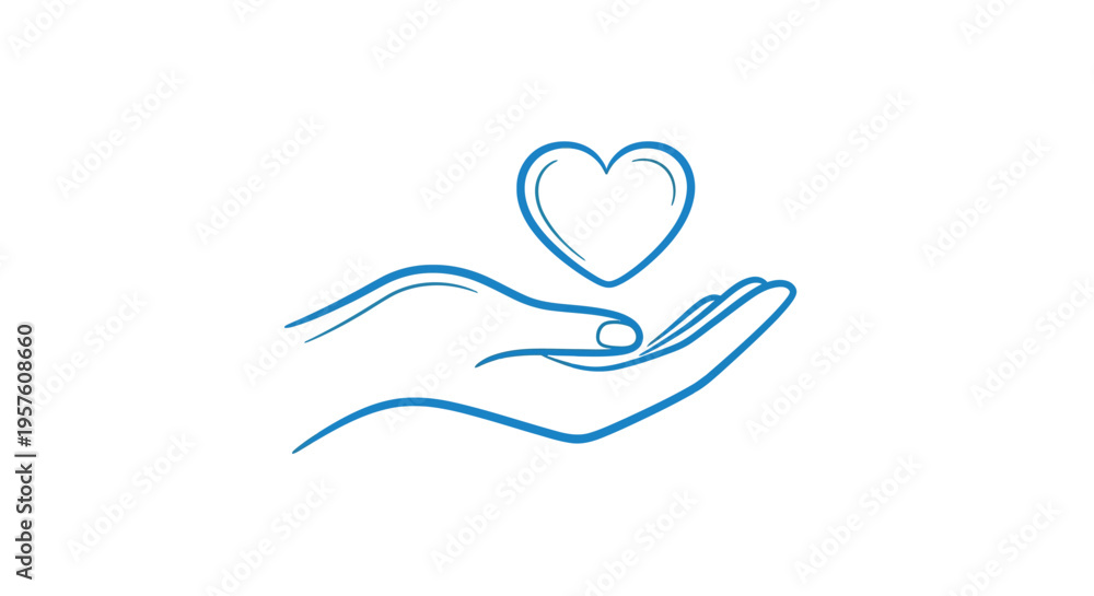 Fototapeta premium A blue line drawing depicts an open hand gently holding a heart shape high quality professional