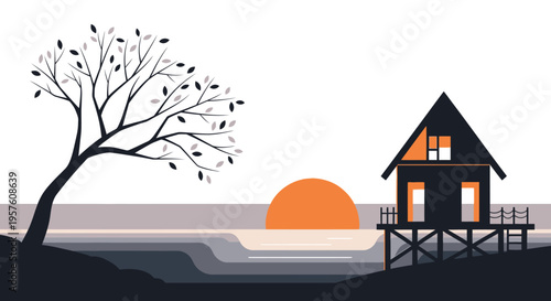 Minimalist House on Stilts by the Water at Sunset with a Lone Tree.