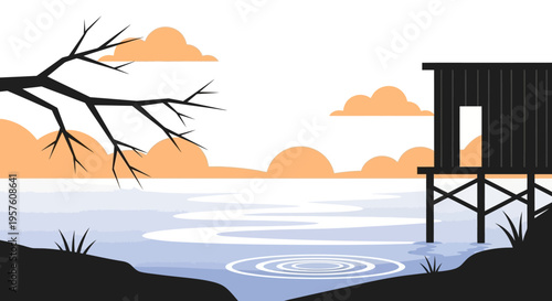 Rustic Wooden Cabin on Stilts Overlooking Calm Lake Waters.