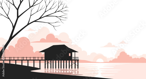 Silhouette of a serene stilt house over calm water at sunset.