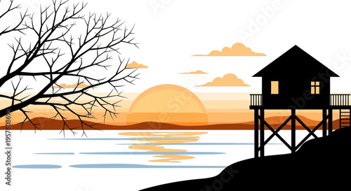 Silhouette of a stilt house by the lake at sunset.