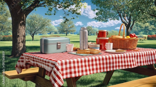 Retro picnic table in sunny park with classic outdoor lunch