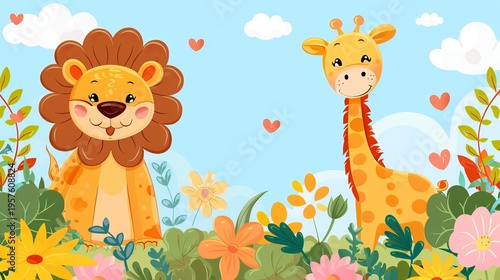 Joyful cartoon lion and giraffe in a vibrant floral garden with floating hearts above