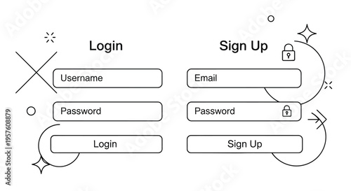Login and sign up interface sketch with form fields and decorative elements
