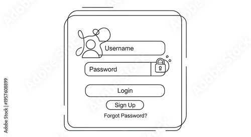 Line art illustration of a login screen with username password and login options