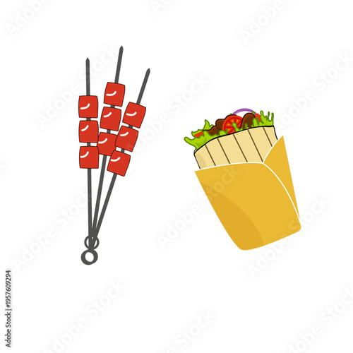 Hand drawn shashlik with grilled meat and shawarma. Vector doodle illustration. Kebab, shashlik, grilled on a skewer, food meat