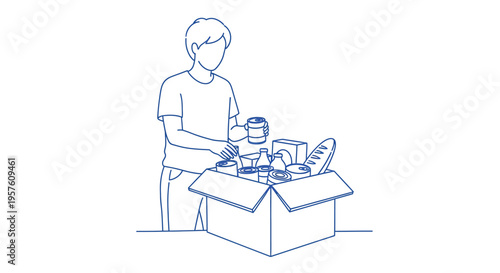 A person receives a cardboard box filled with various groceries and a beverage high quality professional