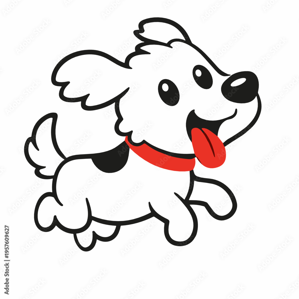 Obraz premium Cute cartoon white puppy running with tongue out and red collar. Playful pet character vector with happy energy, friendly expression and clean flat illustration style.