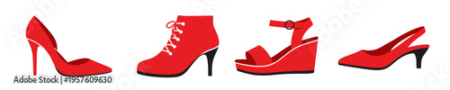 Stylish set of red women shoes in outline and flat design. Fashion footwear vector collection for shopping, boutique branding, ecommerce banners and style themed graphics.