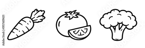 Minimal outline set with carrot, tomato slice and broccoli. Clean food vector collection for nutrition, organic cooking, grocery design and healthy lifestyle themes.