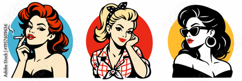 Collection of three retro women portraits in pop art style with bold makeup, vintage hairstyles and colorful circle backgrounds. Fashion, beauty and feminine character set concept.
