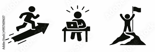 Set of black business silhouettes showing career progress stages from fast movement to office work and peak achievement, expressing ambition, productivity, promotion, and success.