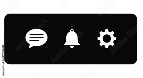 Black rectangle displaying white icons message notification and settings high quality