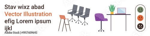 Office decor, workspace design, corporate environment, productivity, modern furniture, employee wellbeing. Various chairs, desk with laptop and plant mood board icons. Office decor and workspace