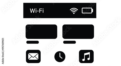 Black and white illustration of a smartphone interface with wifi and battery indicators