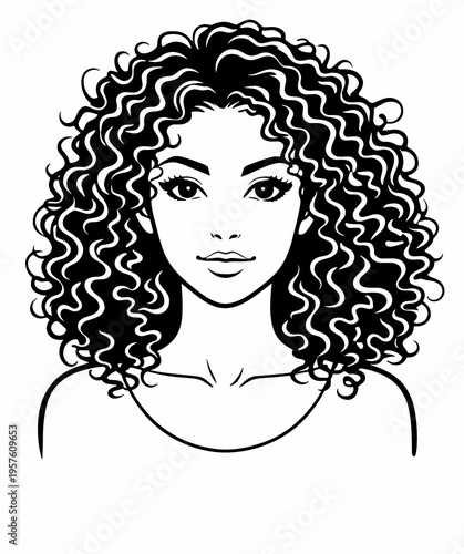 Black and white vector portrait of a young woman with voluminous curly hair and calm expression. Natural beauty, haircare, diversity and feminine avatar concept in outline style.