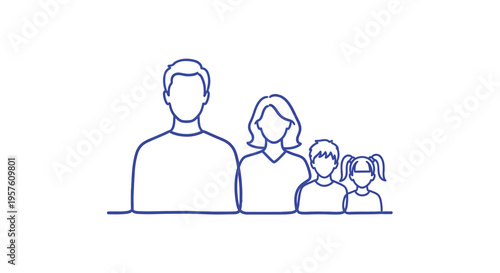 Simple blue line drawing depicting a family of four including two children high quality professional detailed