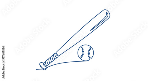 Simple line drawing depicts a baseball bat resting near a baseball on white high quality professional