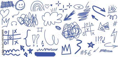 A collection of blue scribbles and doodles on a white background