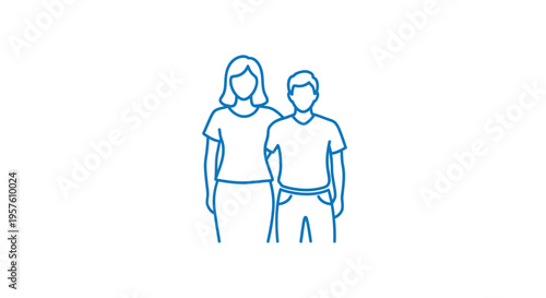 Simple blue line drawing depicts a man and woman standing closely together high quality professional detailed