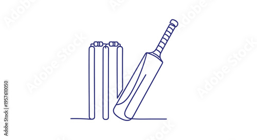 A minimalist line drawing depicts a cricket bat resting near the wickets high quality professional detailed