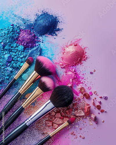 Makeup brushes displayed on a white surface with vibrant red, blue, and purple powder pigments scattered around, highlighting essential beauty tools for makeup application