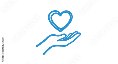A blue line drawing depicts a hand gently holding a heart shape above it high quality
