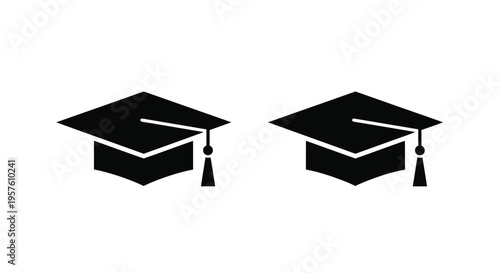 Two black graduation caps depicted in a simple minimalist style