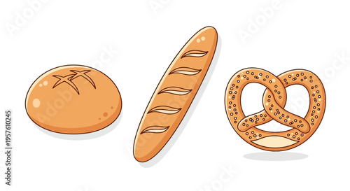The illustration shows a variety of breads on a white background including baguette.