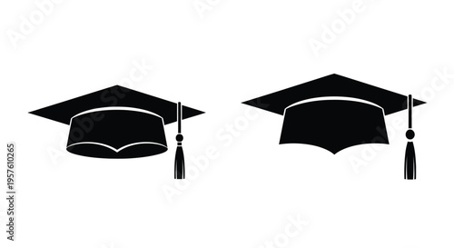 Two black graduation caps depicted in a simple graphic style