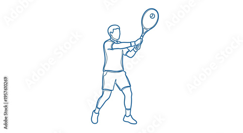 A simple blue line drawing depicts a tennis player preparing to serve the ball high quality