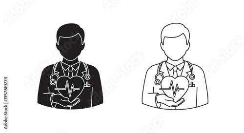 Doctor holding heart with electrocardiogram solid and outline styles
