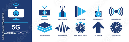 5G connectivity icon set. Containing monitor, cell tower, play button, power outlet, radio signal, server stack, signal wave, stopwatch, wall clock and more. Solid fill vector icons.