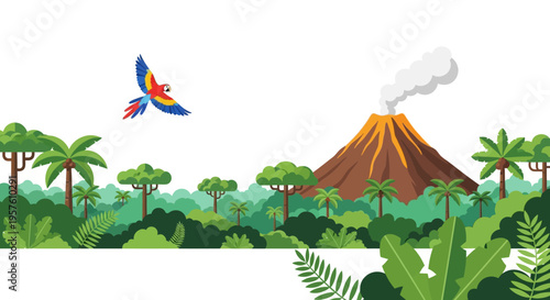 A colorful parrot flies over a lush jungle with a volcano erupting in the background.