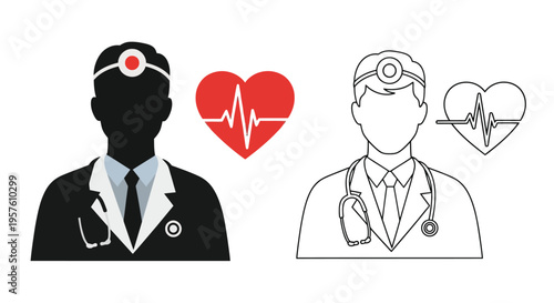 Doctor silhouette with heart and electrocardiogram outlined version included
