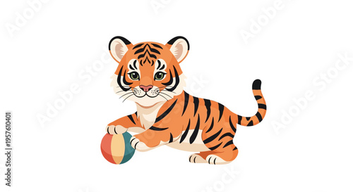 A cartoon tiger cub plays with a colorful ball on a white background.