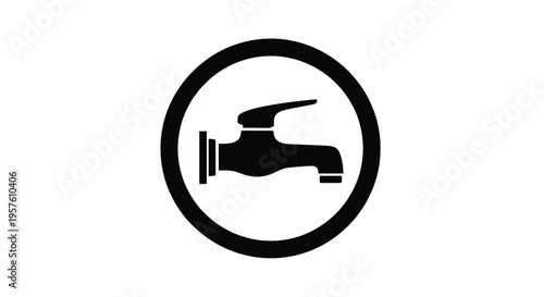Simple black and white icon of a water faucet within a circle