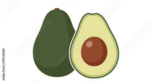 An illustration of a whole and halved avocado on a plain background shows the fruit.
