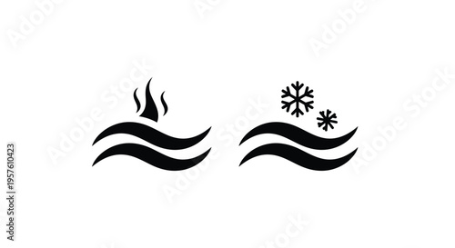 Stylized icons depicting contrasting temperatures fire and ice over waves