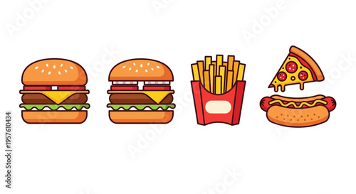 Illustration of burgers, fries, hotdog and pizza on a white background.