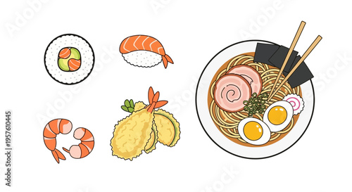 Illustration of various sushi and ramen dishes with shrimp and eggs on a white background