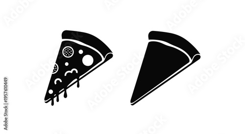 Two black silhouette pizza slices with varying toppings are displayed