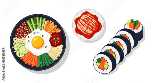 Delicious Korean bibimbap and sushi rolls on a table with sauce