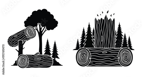 Stylized black and white illustration of felled trees and a lumber stack