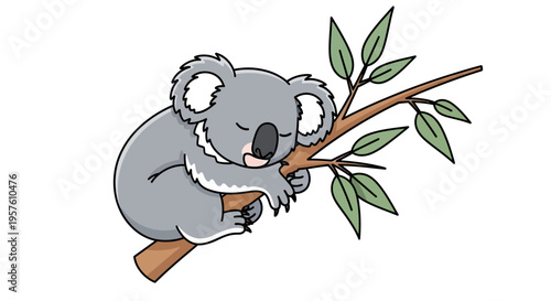 A cartoon koala sleeps peacefully on a tree branch with green leaves outdoors.