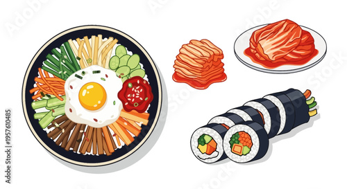 Illustration of Korean bibimbap meal with sushi and kimchi on a white background