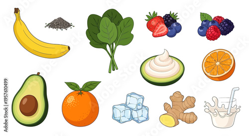 A vibrant illustration of fruits and vegetables for a healthy smoothie recipe on a white background.