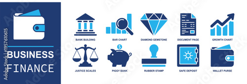 Business finance icon set. Containing bank building, bar chart, diamond, document page, growth chart, piggy bank, safe deposit, wallet purse, scales and more. Solid fill vector icons.